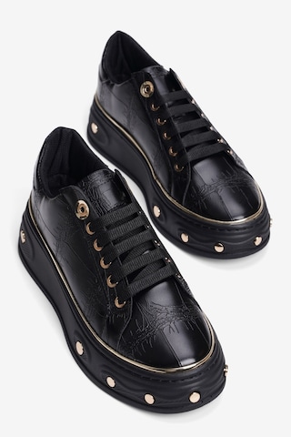 Mubiano Kadın Kroko Desenli Sneaker Kalın Tabanlı Bağcıklı Gold Detaylı Vika Siyah Siyah Krokodil
