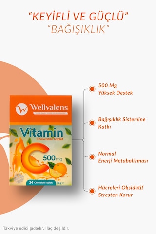 Vitamin C 500 Mg Çiğnenebilir Tablet Şekersiz 24 Tablet, Portakal Aromalı