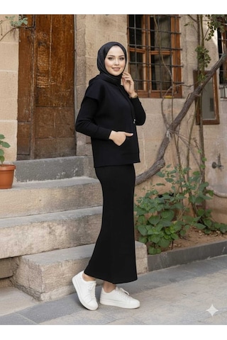 Sayzen Your Shine Kapüşonlu Cepli Elbise-kazak 2'li Triko Takım Sy-akr2501 Siyah