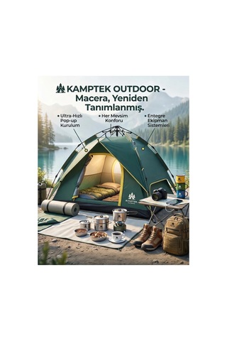 Kamptek Outdoor 4 Kişilik Otomatik Kurulum Kamp Çadırı - Çift Katmanlı, Su Geçirmez, 220x200x140 Cm Yeşil - Renkli