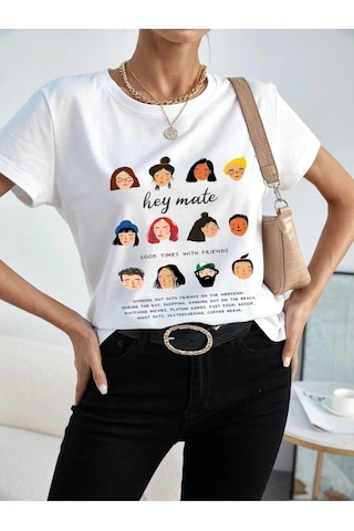 Kadın Beyaz Oversize Hey Mate Baskılı T-shirt Beyaz-67174