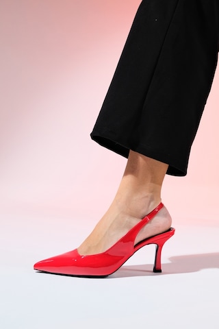 Luvishoes Flem Kırmızı Rugan Kadın Sivri Burun Arkası Açık İnce Topuklu Ayakkabı Kırmızı Rugan