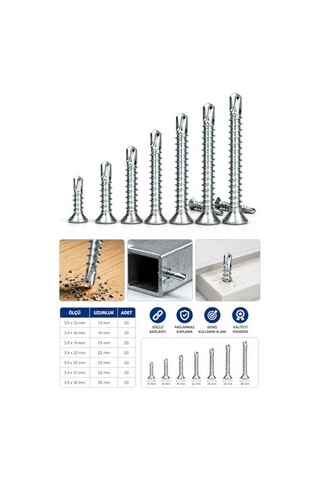 3.9 Akıllı Vida Matkap Uçlu Vida Seti 3.9x13 3.9x16 3.9x19 3.9x22 3.9x25 3.9x32 3.9x38 Kendinden Delici Sac Ve Metal Montaj Vidası