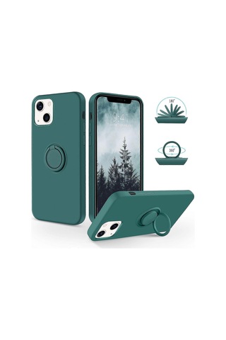 İphone 13 Kılıf Silikon Jel 360 Halka Tutucu Telefon Kılıfı - Gece Yeşili Diğer