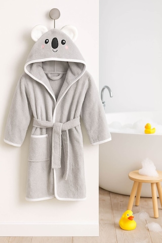 Kapşonlu Hayvan Desenli Çocuk Banyo Deniz Plaj Bornozu %100 Pamuklu Gri