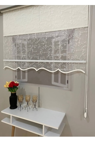 Çiçek Işlemeli Kırık Beyaz Renginde Çift Mekanizmalı Tül Ve Stor Zebra Perde Kırık Beyaz - 109735823 Kırık Beyaz