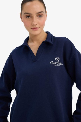 Defacto Relax Fit Polo Yaka Baskılı Kalın Sweatshirt G7014ax25wnnv251 Lacivert-nv251