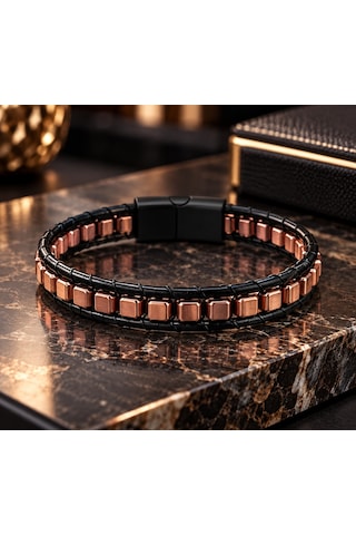 %100 Deri Ve Hematit Kombinli Erkek Bileklik Boyut Net 21 Cm Türk El Üretimi Rose Gold