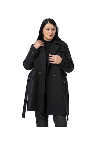 Büyük Beden Kruvaze Kolu Bant Detaylı Cepli Kuşaklı Astarlı Siyah Trençkot Siyah
