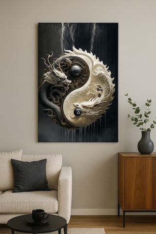 Yin Yang Ejderhaları Denge Ve Gücün Sembolü 3d Sanatsal Cam Tablo Feng Shui Enerjisi