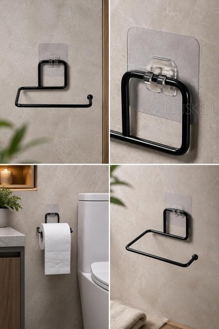 Yapışkanlı Tuvalet Kağıdı Tutucu Siyah Metal- Delmeden Kullanım - Banyo Wc Kağıtlık Diğer