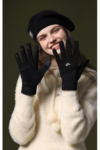 Snapbuy Unisex Kışlık, Parmak Açılır Dokunmatik, Kalın Peluş Eldiven Siyah