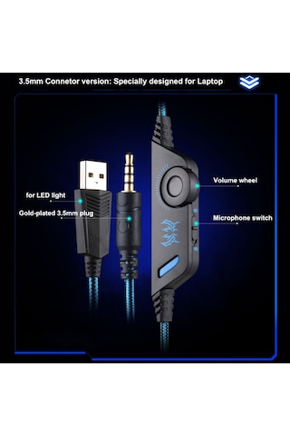 Youtek Kotıon Each G9000 Oyuncu Kulaklığı, 40mm Sürücü, Led Işık, Mikrofon, Ses Kontrol, 3.5mm+usb, Mavi-siyah