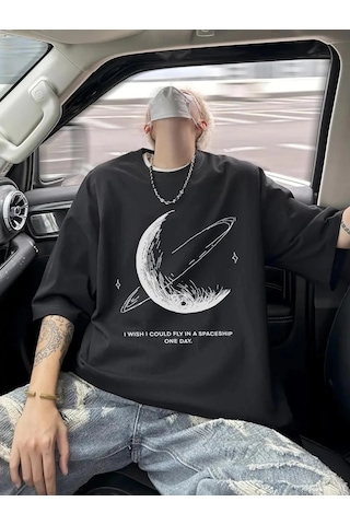 Moda Assema Erkek Baskılı Tişort Kısa Kol Bisiklet Yaka Ovarsize T-shirt - - Siyah Çok Renkli