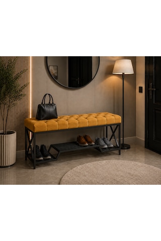 Siyah Metal Bench Ayakkabılık Bank, Kapı Girişi Puf Ayakkabılık Sarı