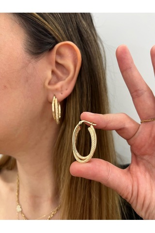 Altın Nesil - 14 Ayar Altın Parlak Kumlu Elips Küpe Altın - Beyaz Altın