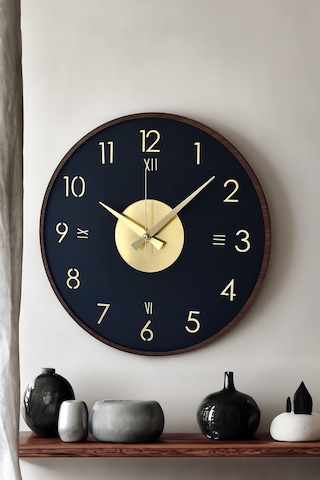 Ahşap Dekoratif Alcyone Gold - Kahverengi Duvar Saati 48cm Siyah - Gold