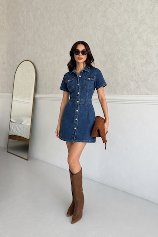 Kene Jeans Ön Arka Pensli Düğme Kapamalı Koyu Mavi Elbise Mavi