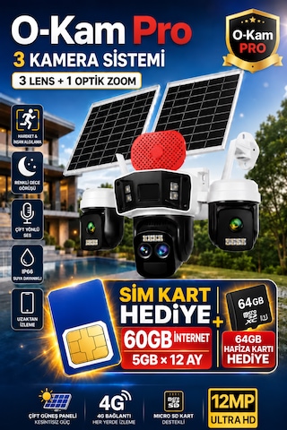 O-kam 4075 12mp 10x Zoom 4 Lens 3 Ekran 4g Solar Kamera 60gb İnternet 64gb Hafıza Kartı