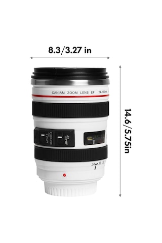 Kosona Kamera Lens Tasarım Termos Bardak, 400ml Paslanmaz Çelik, Dökülme Engeli, Fotoğraf Severler İçin, Beyaz Beyaz