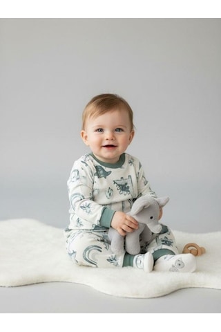 Zekids Erkek Bebek Pamuklu Dinazor Desenli Pijama Takımı-16268 Yeşil