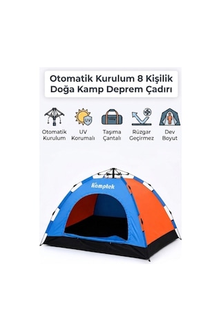 Kamptek Outdoor 8 Kişilik Otomatik Kurulum Kamp Doğa Deprem Acil Durum Çadırı 250x250x165 Cm Çok Renkli