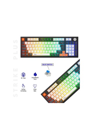 Mavi Switch, Hot Swap, Eva Süngerli - Rgb Kablolu Mekanik Oyuncu Klavyesi, Knob Kontrollü Ses Ve Işık Ayarı, Numpadli Full Size Gaming Keyboard, Türkçe Q Klavye, Gasket Yapı Rgb Gaming Kablolu Klavye