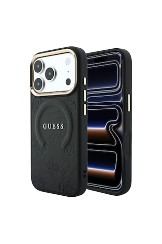 Apple iPhone Uyumlu 18 Pro Max Kılıf Guess Lisanslı M-safeli Yazı Logolu C-magnet Pu Deri Peony Kapak Siyah