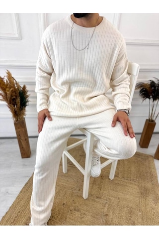 Uzun Kollu Tişört Fitilli Örme Triko Yumuşak Dokulu Tüylenmez Pamuklu Kazak Sweatshirt Beyaz