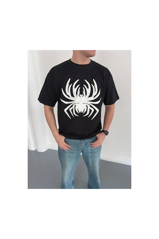 Butik İstanbul Erkek Örümcek Baskılı Tişört Kısa Kollu Bisiklet Yaka T-shirt - Siyah