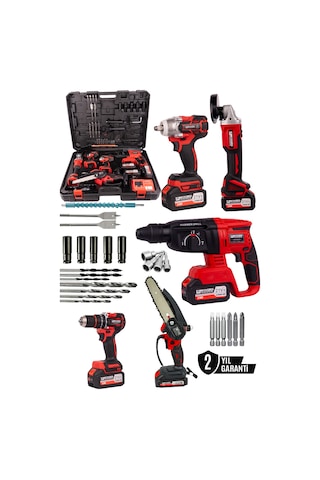 Kimmer Plus 21v Akülü 5'li Set Kırıcı Delici Hilti Taşlama Somun Sıkma Vidalama Budama Kırmızı Renk