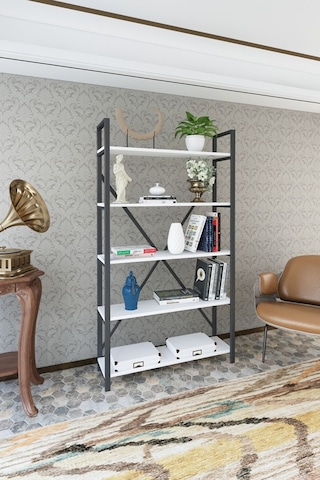 Wood House - Deniz Metal 5 Raflı Kitaplık-beyaz