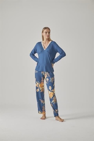 Relax Mode Kadın V Yaka Pijama Takımı - 10773 Mavi