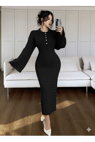 Sayzen Your Shine Gömlek Yaka Düğmeli Saç Örgülü Triko Elbise Sy-2515 Siyah