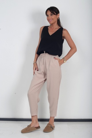 By Saygı Kadın Beli Lastikli Cepli İtalyan Cotton Lyocell Şalvar Pantolon Bej