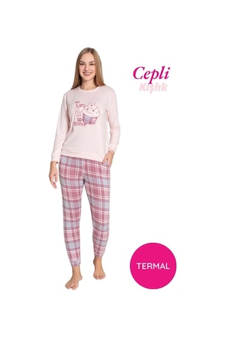 Kadın Bisiklet Yaka Düğmesiz Kışlık Termal Bilek Manşetli Jogger Uzun Kol Cepli Pijama Takımı Pudra