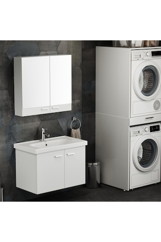 Aqua Bagno Basic Alt Dolap + Üst Dolap -lavabo Dahil-beyaz ,80 Cm. 3 Parça Beyaz