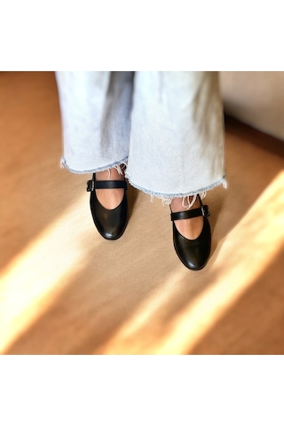 Ne&ve Shoes Siyah Hakiki Deri Yuvarlak Burunlu Tokalı Kadın Babet
