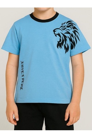 Çocuk Aslan Baskılı Pamuklu Oversize T-shirt-16014 Mavi