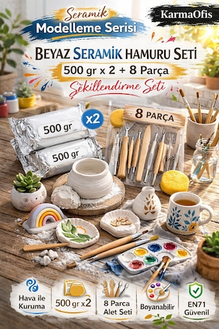 Beyaz Seramik Hamuru Seti 500 Gr X2 + 8 Parça Şekillendirme Aletleri Air Dry Kil Seti Krem