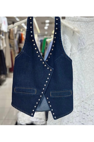 Maison Meda Lacivert Zımbalı Anvelop Denim Yelek Lacivert