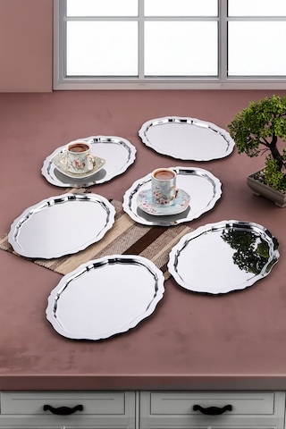 6 Adet Paslanmaz Çelik Oval Dalgalı Sade Kahve Ve Sunum Tepsisi 25x20 cm