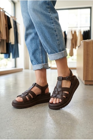 Shoetek Estafra Kadın Sandalet Bilekten Bağlı Çapraz Bantlı Kahverengi Deri Kahve Cilt