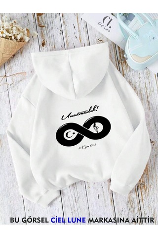Nevermind Unisex 10 Kasım Unutmadık Baskılı Oversize Baskılı Kapşonlu Sweat Beyaz
