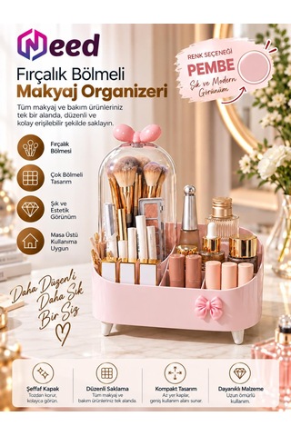 Need Şeffaf Kapaklı Toz Korumalı Fırçalık Bölmeli Makyaj Organizeri Kozmetik Düzenleyici Pembe Nd-8069-pnk