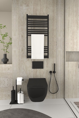 Aju Tuvalet Kağıtlığı Yedekli Tuvalet Fırçası Standı Metal Ağır Devrilmez Modern Wc Kağıtlık Tutacağı Siyah