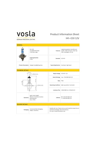 Vosla 12v H4 Ampul 60/55w +150 Fazla Işık P43t Vs27491 2 Li