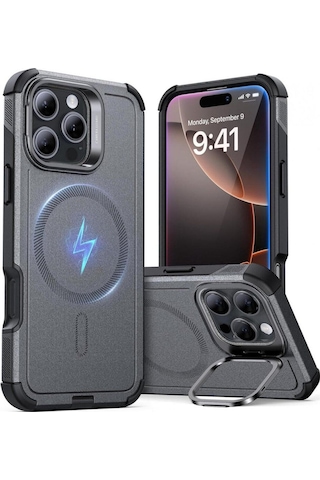 Apple Uyumlu iPhone Esr 16 Pro Max Kılıf Cyber Tough Halolock Magsafe Standlı Silikon Gri