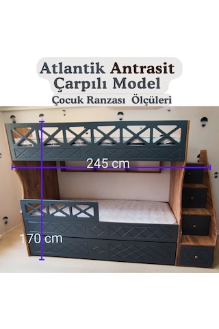 Mdf Atlantik Antrasit Çarpılı Model Çocuk Ranzası