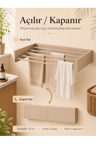 Çamaşır Kurutma Askılığı Katlanır Duvara Monte Balkon Banyo Askılık Duvar Tipi Yer Tasarruflu Çamaşırlık 70 Cm Belize Cappucino